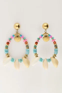 Art Oorhanger Met Blauwe Kralen En Schelpen
