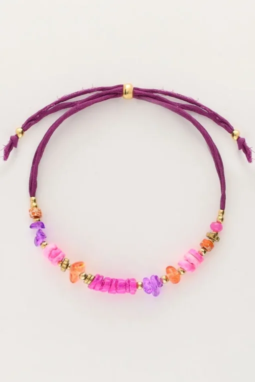Art Paarse Koord Armband Met Roze Kralen