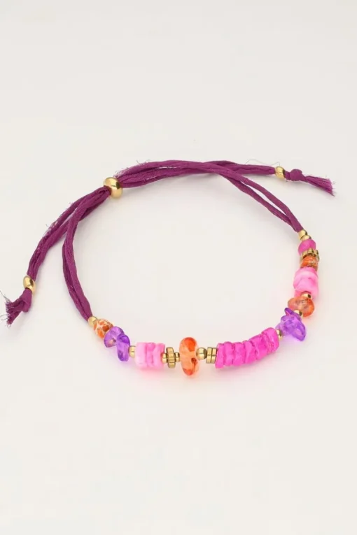 Art Paarse Koord Armband Met Roze Kralen
