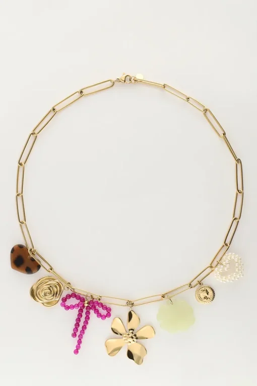 Bedel Ketting Met Schakel En Multikleur Bloemen Bedels