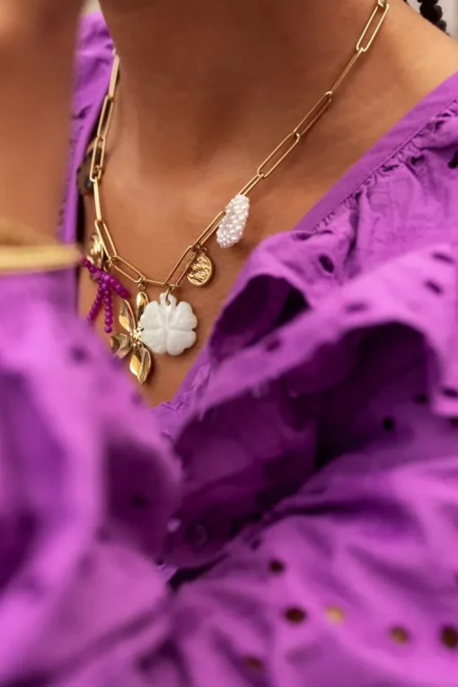 Bedel Ketting Met Schakel En Multikleur Bloemen Bedels