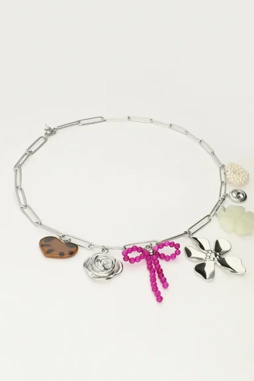 Bedel Ketting Met Schakel En Multikleur Bloemen Bedels