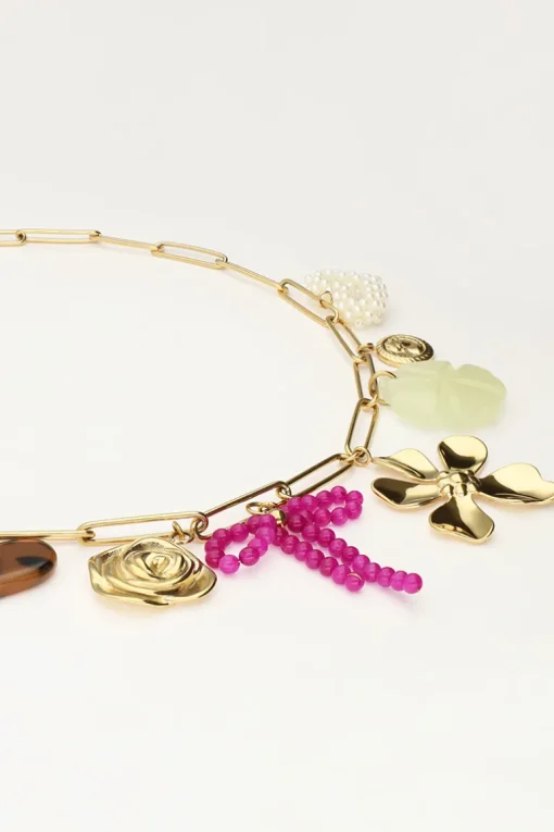 Bedel Ketting Met Schakel En Multikleur Bloemen Bedels