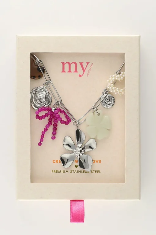 Bedel Ketting Met Schakel En Multikleur Bloemen Bedels