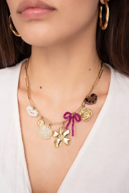 Bedel Ketting Met Schakel En Multikleur Bloemen Bedels
