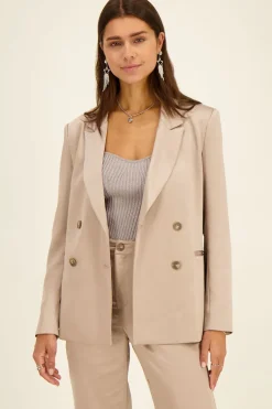 Beige Blazer Met Dubbele Knopen Satijn