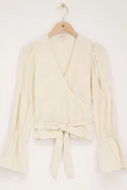 Beige Blouse Met Wijde Mouwen En Strik