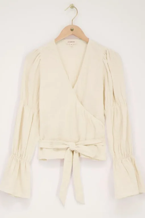 Beige Blouse Met Wijde Mouwen En Strik