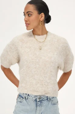 Beige Boucle Top Met Korte Mouwen
