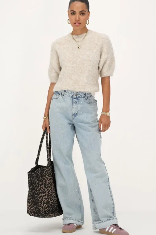 Beige Boucle Top Met Korte Mouwen