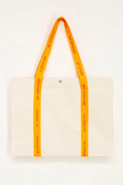 Beige Canvas Shopper Met Oranje Hengsel