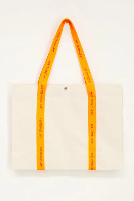 Beige Canvas Shopper Met Oranje Hengsel