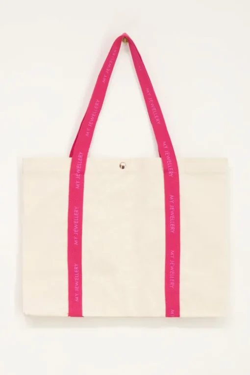 Beige Canvas Shopper Met Roze Hengsel