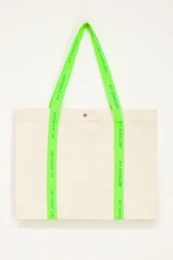 Beige Canvas Shopper Met Neon Groen Hengsel