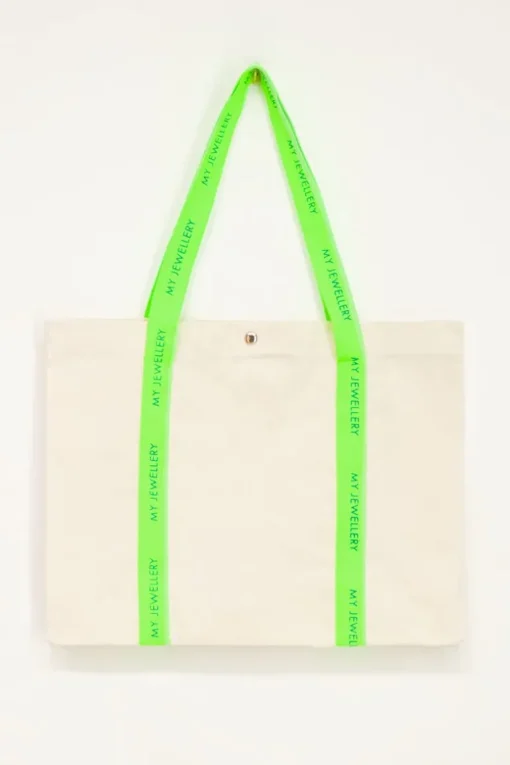 Beige Canvas Shopper Met Neon Groen Hengsel