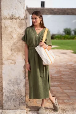 Beige Canvas Shopper Met Oranje Hengsel