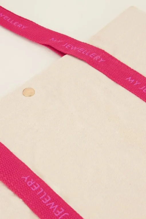 Beige Canvas Shopper Met Roze Hengsel