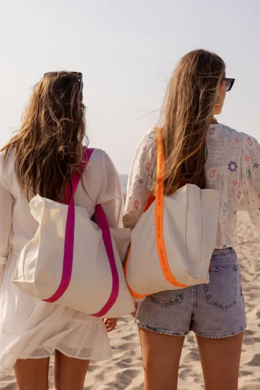 Beige Canvas Shopper Met Oranje Hengsel