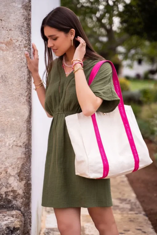Beige Canvas Shopper Met Roze Hengsel