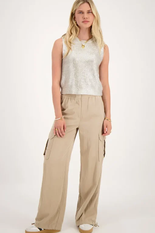 Beige Cargo Broek Met Elastieken Tailleband
