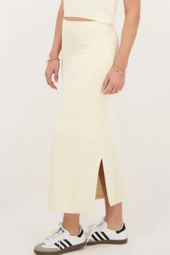 Beige Gebreide Midi Skirt Met Split