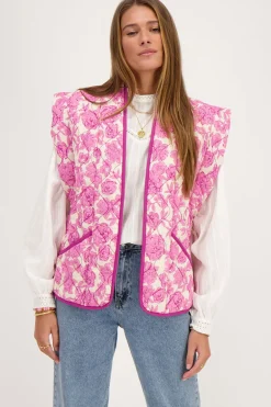 Beige Gewatteerd Gilet Met Roze En Paarse Bloemenprint