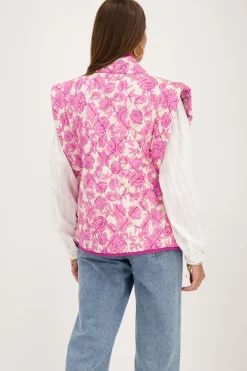 Beige Gewatteerd Gilet Met Roze En Paarse Bloemenprint