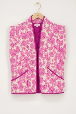 Beige Gewatteerd Gilet Met Roze En Paarse Bloemenprint