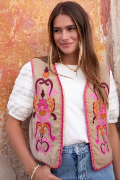 Beige Gilet Met Gekleurde Embroidery