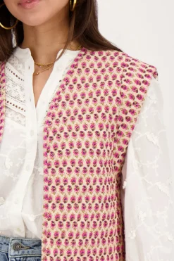 Beige Gilet Met Roze En Groene Bloemenprint