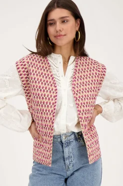 Beige Gilet Met Roze En Groene Bloemenprint