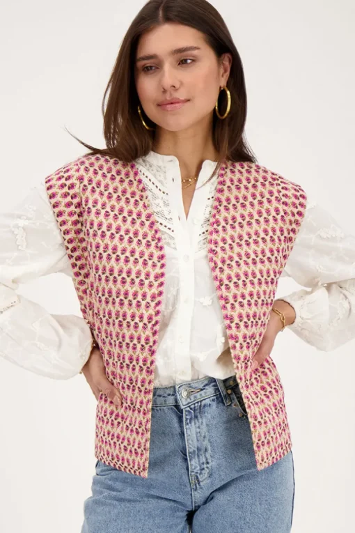 Beige Gilet Met Roze En Groene Bloemenprint