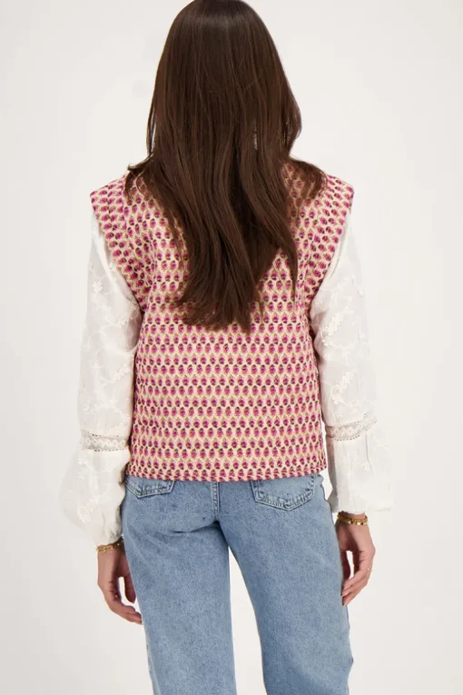 Beige Gilet Met Roze En Groene Bloemenprint