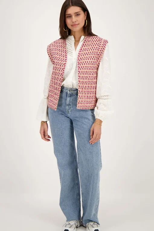 Beige Gilet Met Roze En Groene Bloemenprint