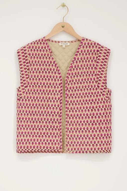 Beige Gilet Met Roze En Groene Bloemenprint