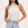 Beige Halter Top Met Rib Structuur