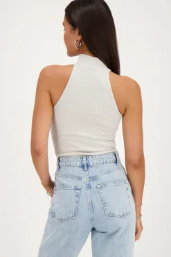 Beige Halter Top Met Rib Structuur