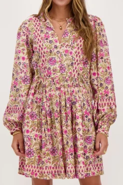 Beige Jurk Met Roze En Groene Bloemenprint