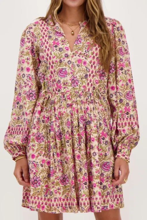 Beige Jurk Met Roze En Groene Bloemenprint