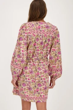 Beige Jurk Met Roze En Groene Bloemenprint