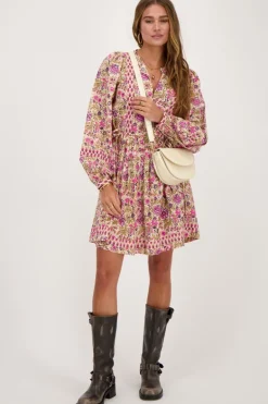 Beige Jurk Met Roze En Groene Bloemenprint