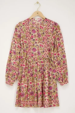 Beige Jurk Met Roze En Groene Bloemenprint