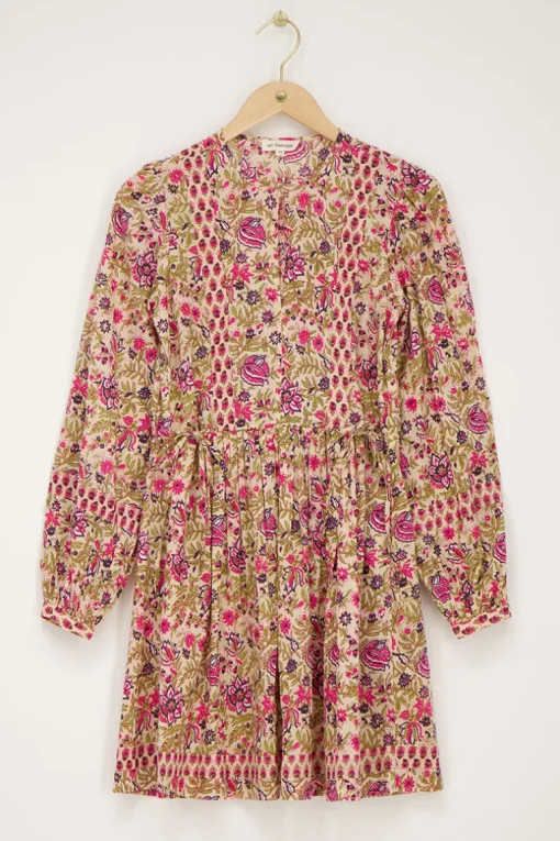 Beige Jurk Met Roze En Groene Bloemenprint