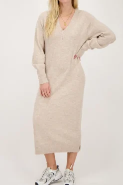 Beige Lange Jurk Met V-hals