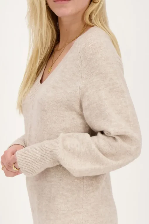 Beige Lange Jurk Met V-hals