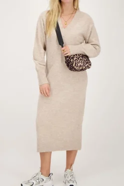 Beige Lange Jurk Met V-hals
