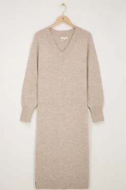 Beige Lange Jurk Met V-hals