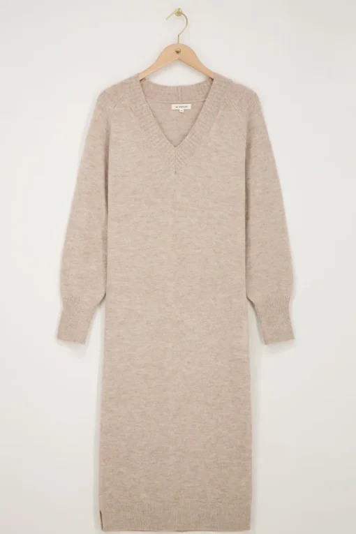 Beige Lange Jurk Met V-hals