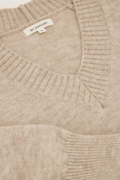 Beige Lange Jurk Met V-hals