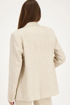 Beige Linnen Look Blazer Met Dubbele Knoopsluiting